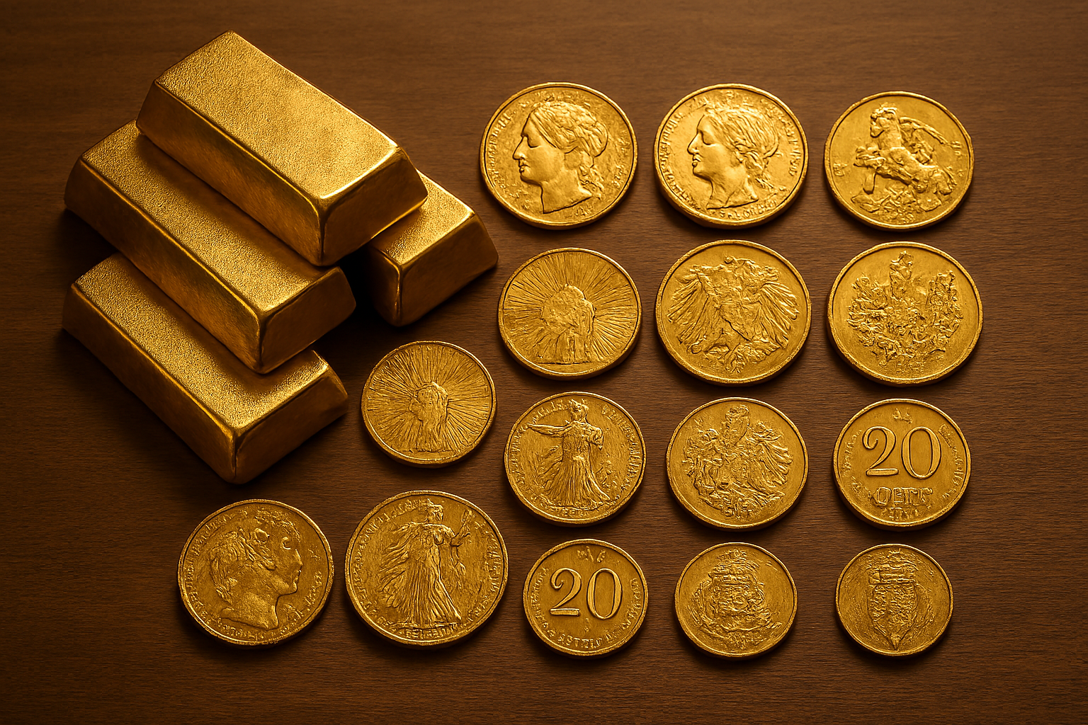 Goldbarren und Münzen